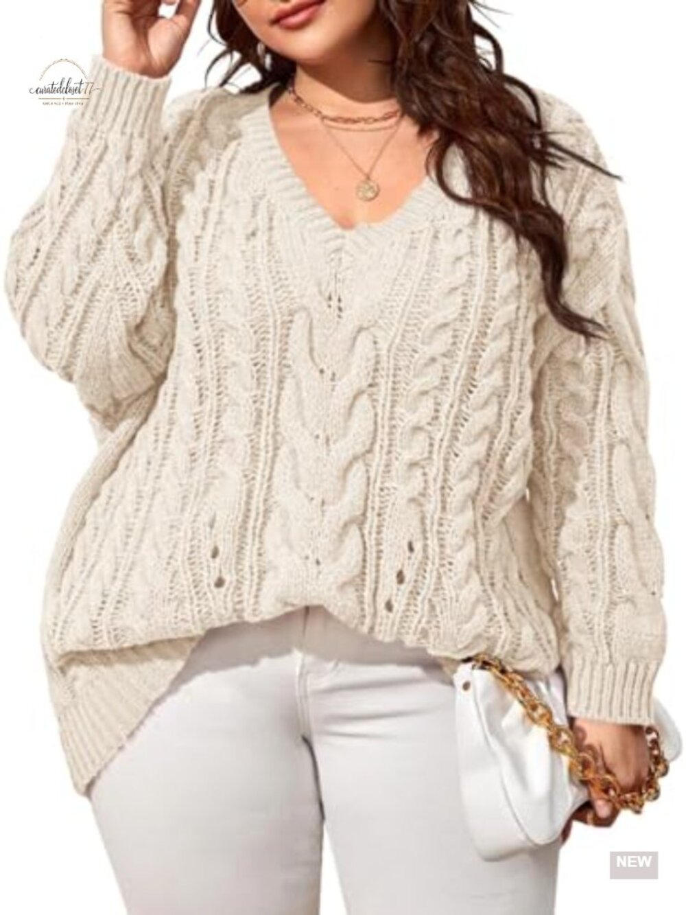 Plus Size Cable Knit V Neck Sweater Long Sleeve Pullover